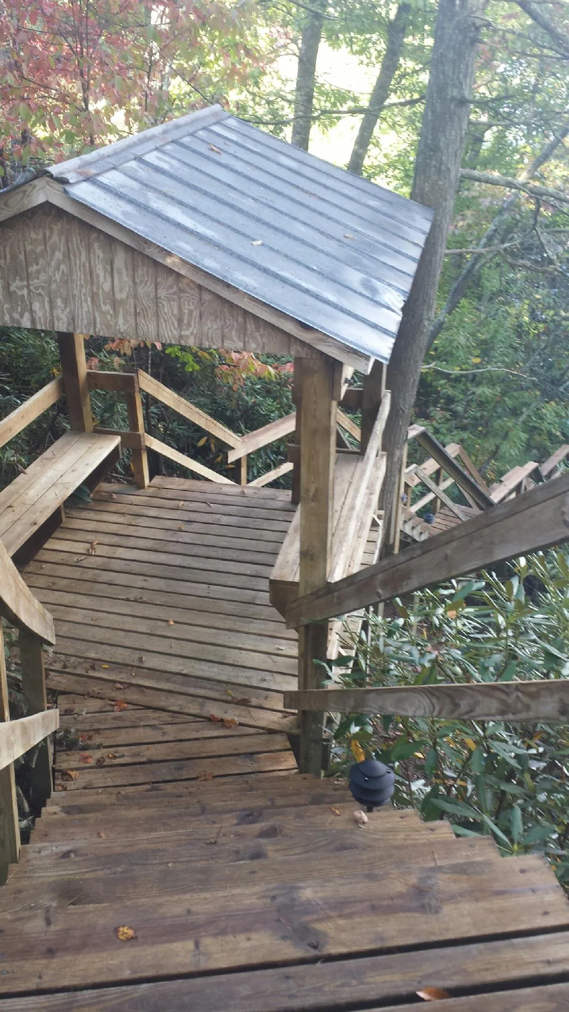 Metal roofed shelter over wooden steps on a wooded walkway — Skylight Repair & Installation work by our crew in New Richmond
